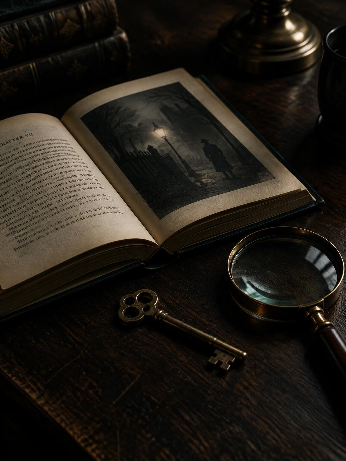 Open mystery novel book with a brass key and magnifying glass on a dark wooden table