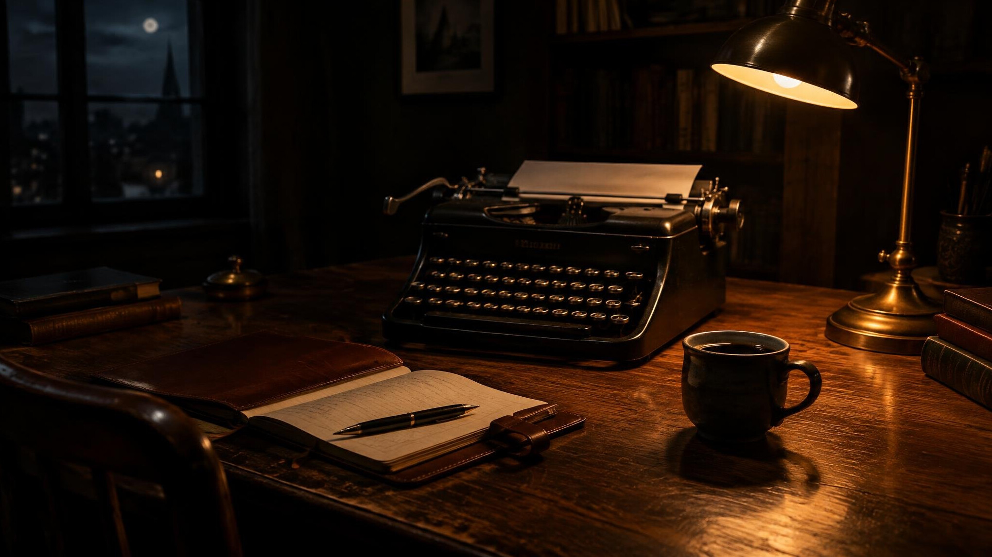 Old typewriter and notebook on a wooden desk lit by a dim lamp at night