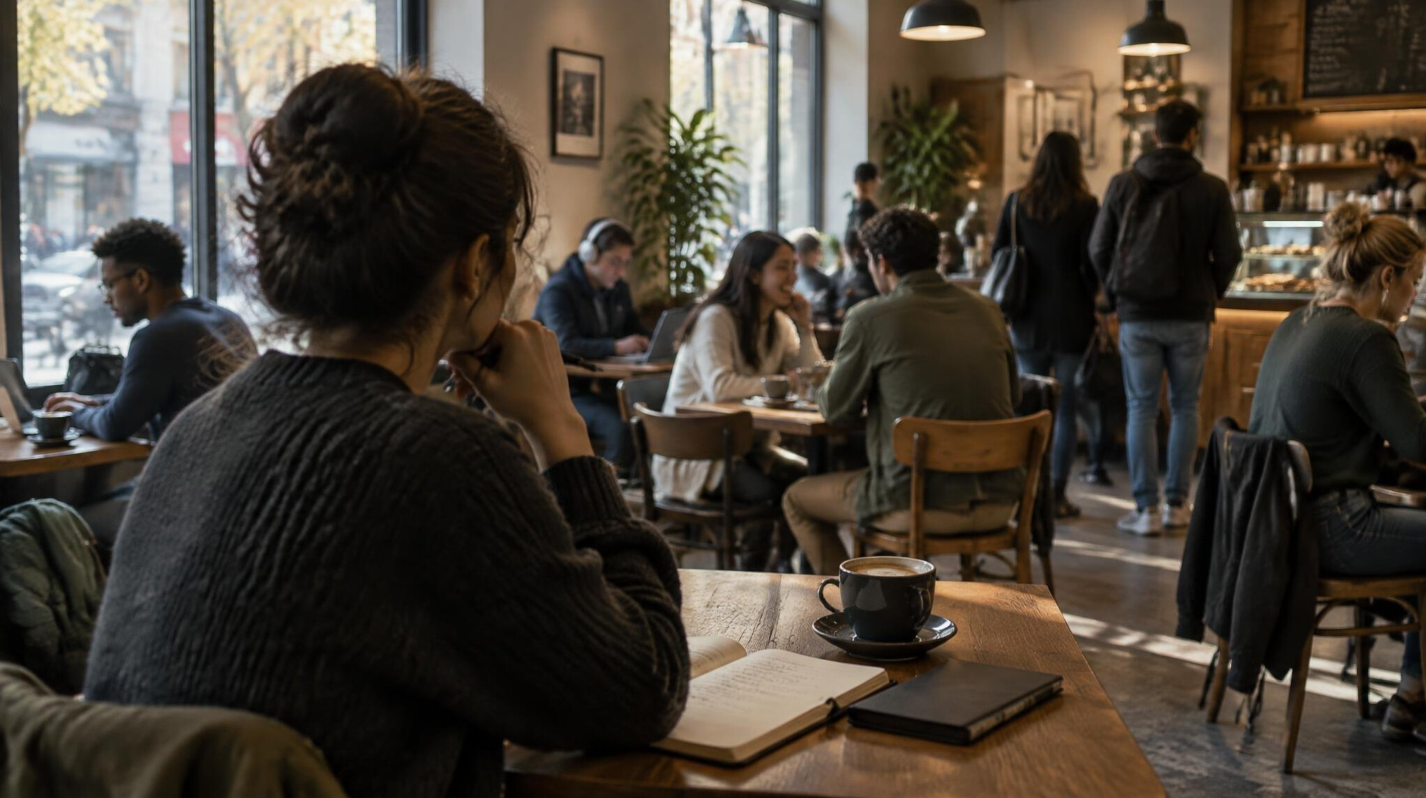 writer observing people in cafe