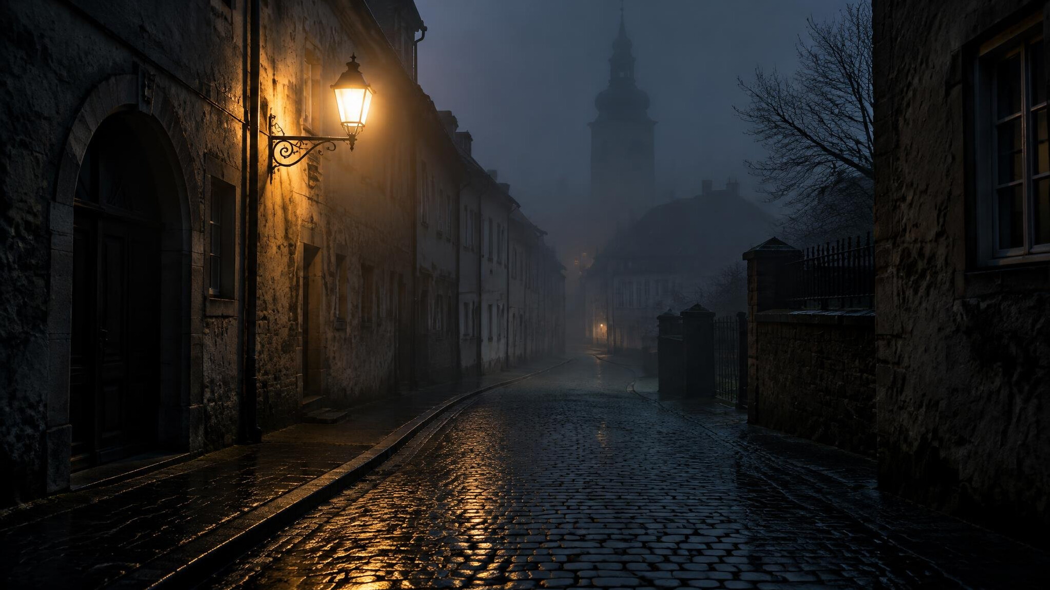 Foggy cobblestone street in an old European town lit by a single streetlamp at night