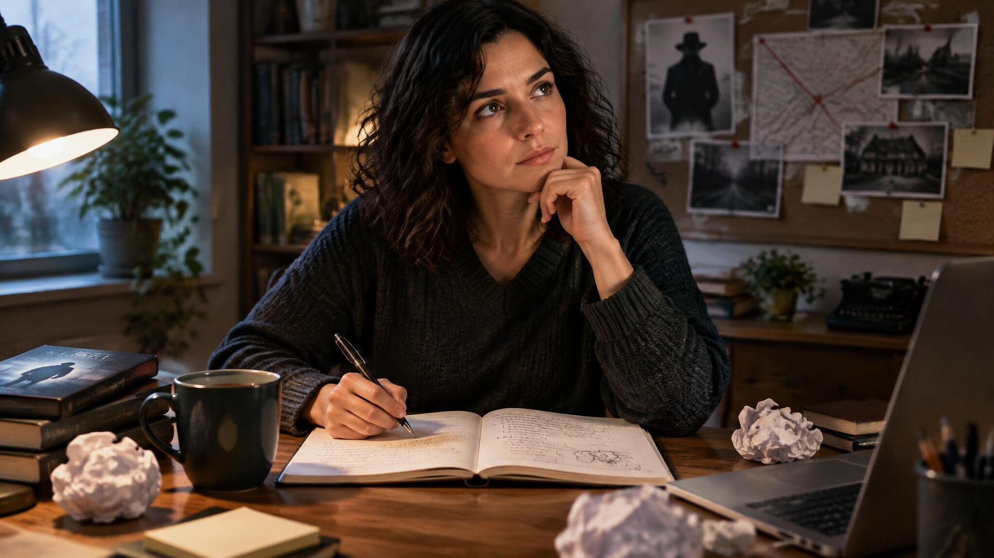writer at desk with notebook