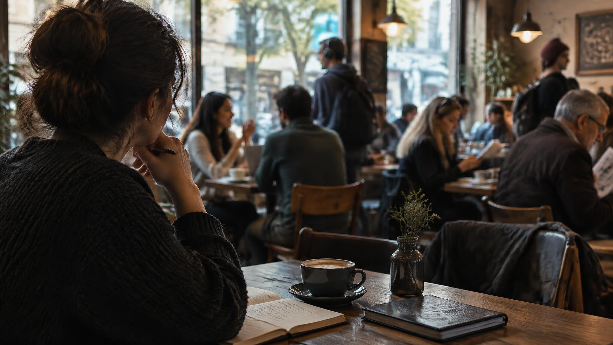 writer observing people in cafe