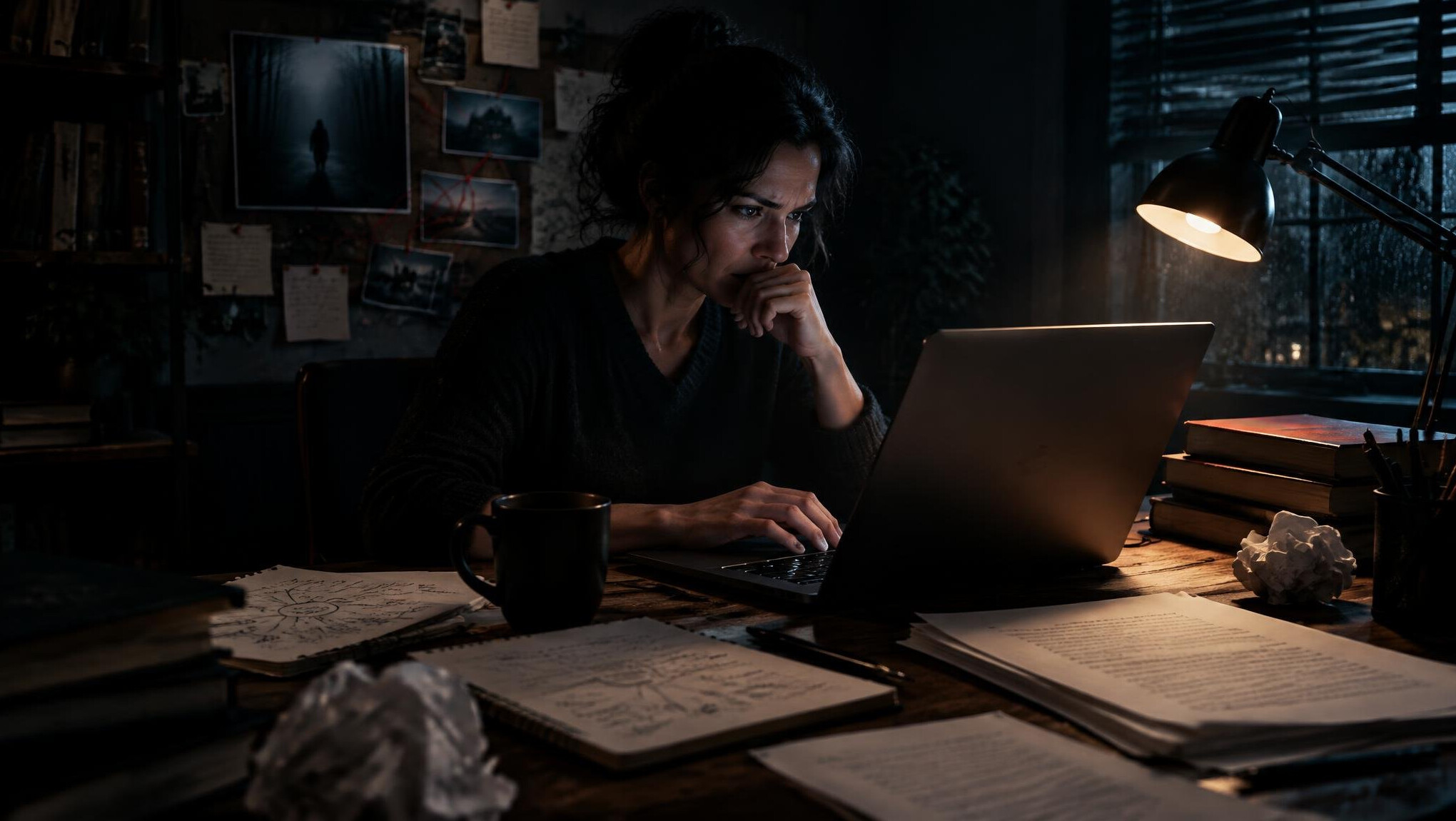 mystery writer typing on laptop