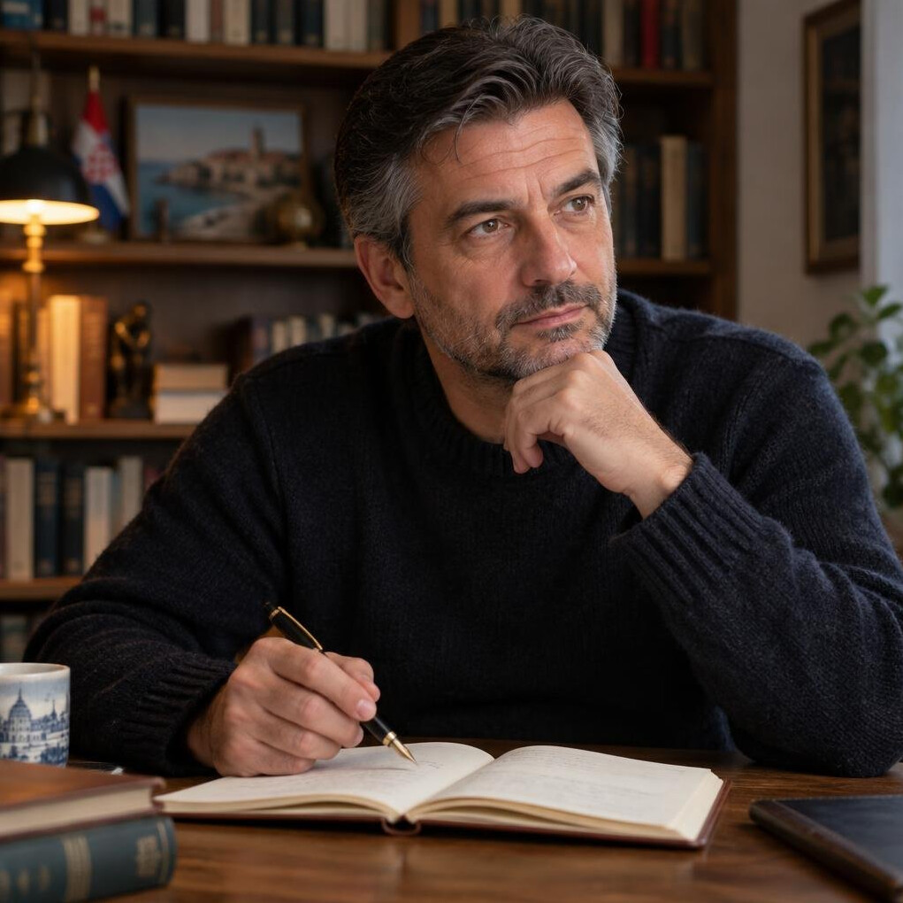 Croatian male author in his 40s sitting thoughtfully in a book-lined study